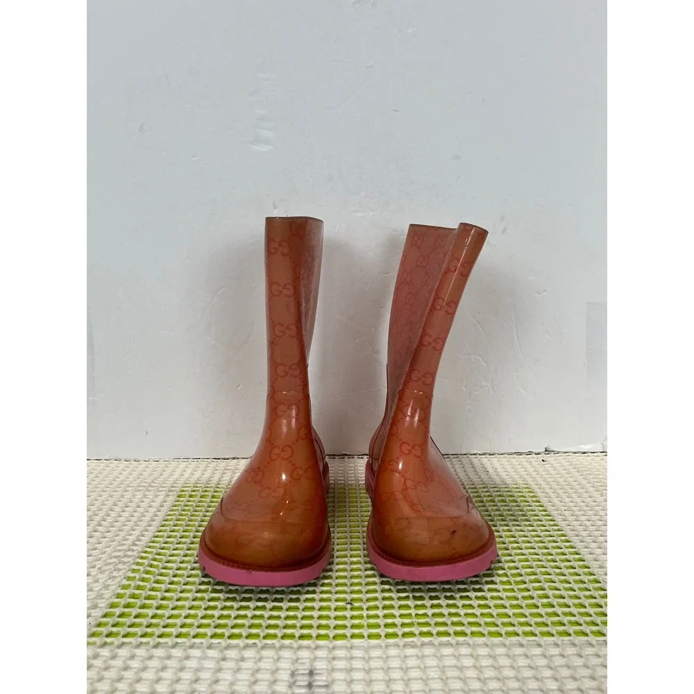 Gucci GG Monogram Rain Boots Kids 11.5 EU 29 Orange Pink Rubber Made in Italy